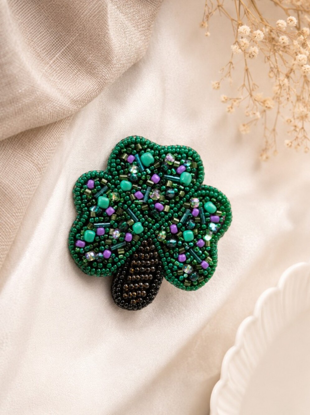 Green Beaded Flower Brooch - Handcrafted Women Jewelry